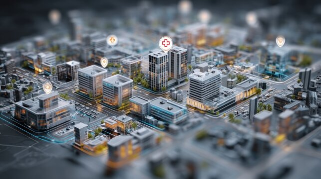 Cityscape with medical markers aerial view