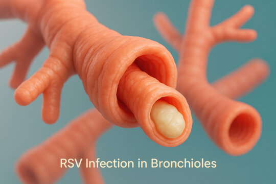 Medical illustration of bronchiolitis, lung infection from rsv. swollen bronchiole shows mucus plug blocking airway, serious and unhealthy condition