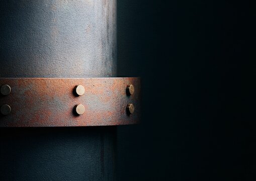 Industrial pipe with rusty bolts warehouse close-up photography dim lighting artistic perspective textured elements