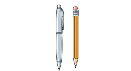 Fototapeta premium Comparison illustration showing a silver retractable ballpoint pen next to a traditional yellow wooden pencil with an eraser.