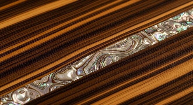 Close up view of polished dark wood grain with iridescent abalone inlay pattern