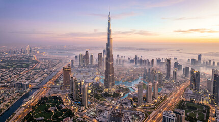 Naklejka premium Aerial view of Dubai cityscape with Burj Khalifa tower standing tall at sunset