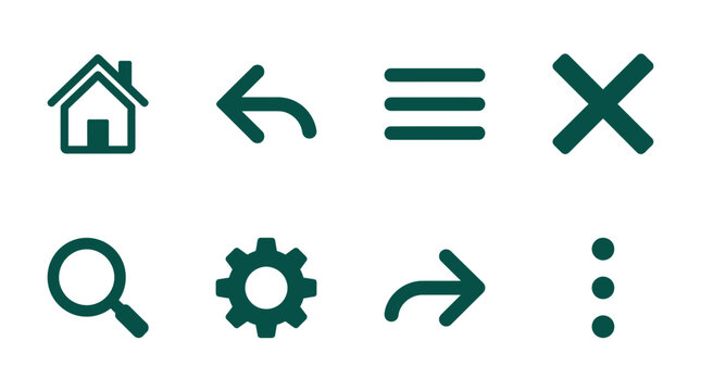 Set of simple user interface icons representing home, navigation, search, and settings