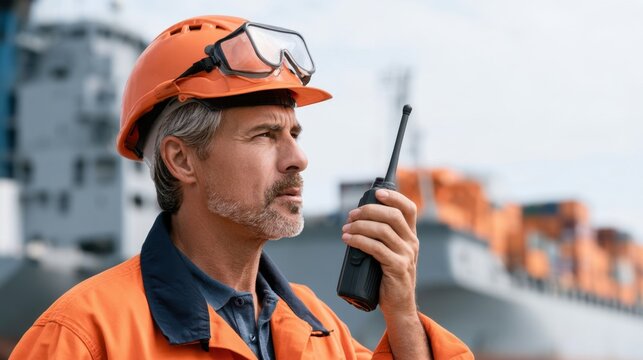 Mature male dock worker wearing safety helmet and coverall using walkie-talkie communication device at shipyard with container ship in background