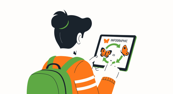 Student Using Tablet for Digital Learning Viewing Butterfly Metamorphosis Infographic Biology Education Concept