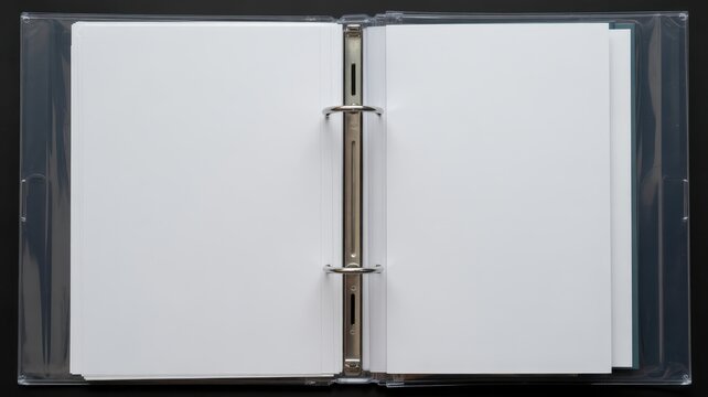 Open ring binder with blank pages isolated on black background