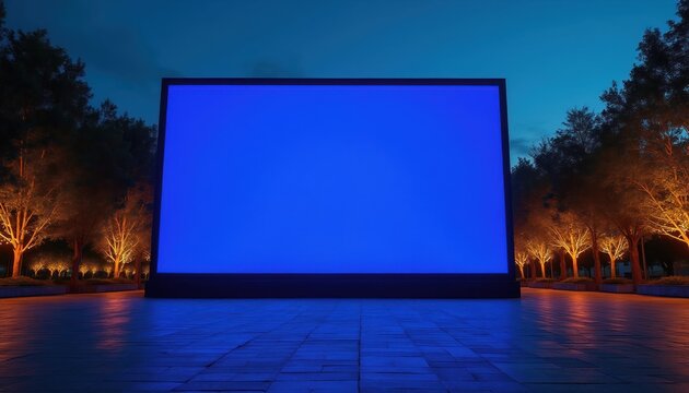 Large blue screen in park at dusk. Illuminated trees line pathway with glowing lights. Empty public space with modern tech display. Digital billboard ready for content. Cityscape background at night.