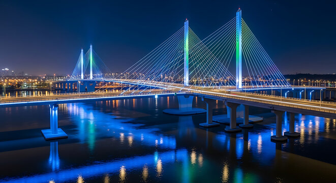 Modern Cable-Stayed Bridge at Night with Vibrant Blue and Green LED Lighting and Water Reflections