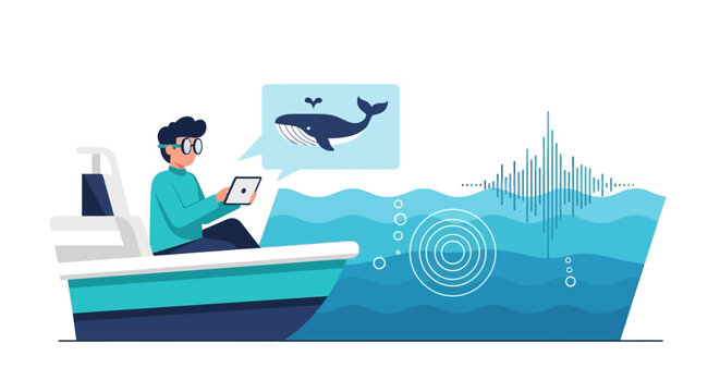 Marine Biologist Tracking Whales with Sonar and Digital Tablet on Boat - Flat Vector Illustration of Ocean Research and Marine Science