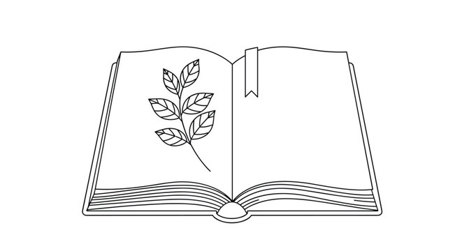 Simple line art drawing of an open hardcover book with a bookmark and a sprig of leaves resting on one of the blank pages.