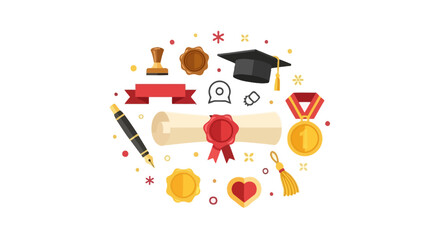 Fototapeta premium Academic Success and Graduation Icon Collection with Diploma, Mortarboard, and Gold Medal Vector
