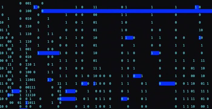Rain drops binary code floating on the screen continuity of ones and zeros in a glowing computer matrix screen with circular diode animation
