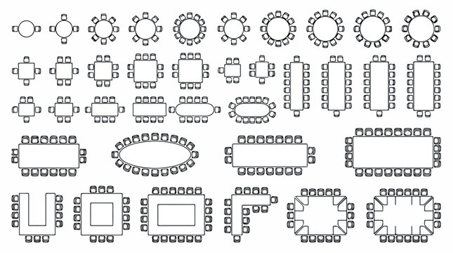 Architectural floor plan icons of table and chair arrangements, top view furniture symbols for office and restaurant layouts, 40 vector seating plan elements