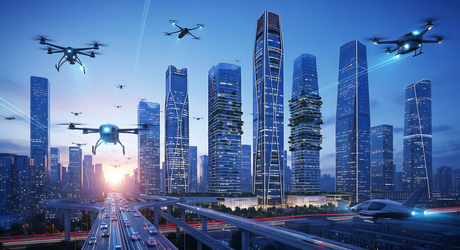 Futuristic Smart City at Sunset with Delivery Drones and Advanced Flying Transportation Infrastructure