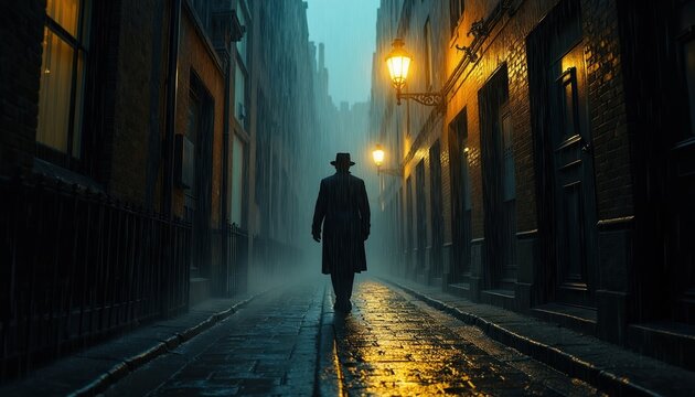 Man in hat and trench coat walks down wet city alley at night. Rain falls near glowing street lamps. Building walls are dark brick. Pavement reflects yellow light.