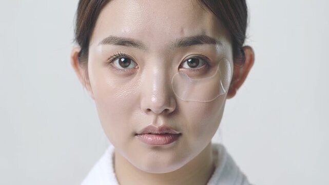 Asian woman gently removes under-eye patch from her face, revealing smooth skin, in a bright, minimalistic setting with soft lighting and neutral background