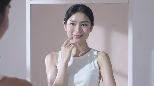 Asian woman in white sleeveless top examines her skin in front of a mirror, showcasing a gradual expression of satisfaction and self-care in a well-lit indoor setting