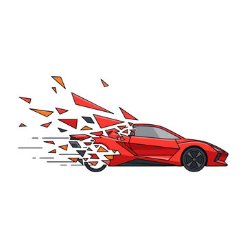 A red sports car moving fast with a shattered geometric effect on a white background