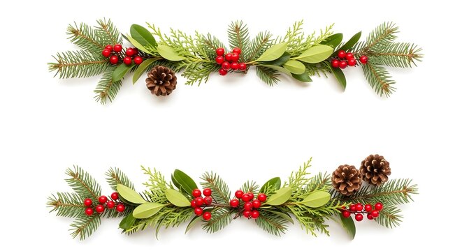 Christmas festive borders with pine branches, red berries and pinecones isolated on white background