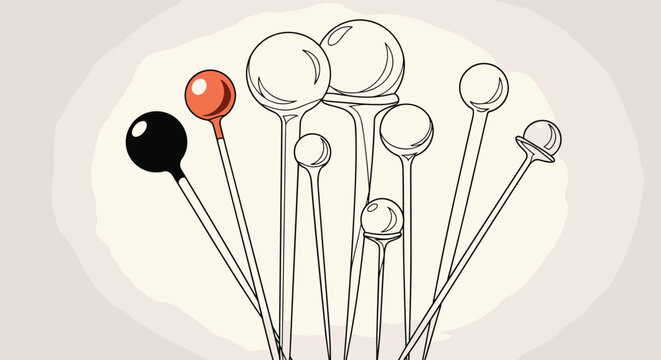 Group of various sewing or mapping pins with round plastic heads including one black and one red pin among several clear ones.
