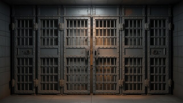 Row of heavy metal prison cell doors in a dark corridor