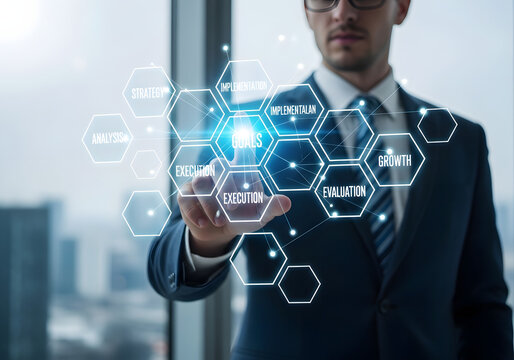 Businessman touching virtual screen displaying hexagonal interface with words goals strategy implementation analysis execution and growth.