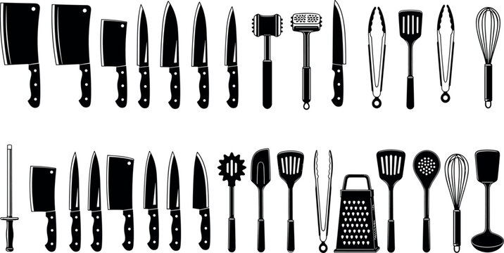 Professional Kitchen Knife and Cooking Utensils Mega Set with Cleaver Chef Knives Grater Whisk and Ladle Icons for Restaurant Butchery and Culinary Designs