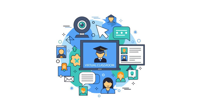 Virtual Classroom and E-learning Concept Illustration with Online Education Icons, Digital Graduation, and Remote Learning Technology Elements