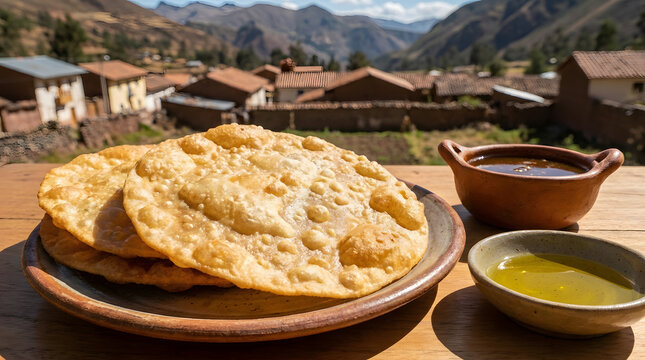 Traditional Peruvian cachangas oil cakes served on wooden plate with olive oil in rustic mountain village setting. Generated AI image