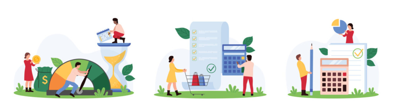 Finance management, report analysis set. Tiny people improve financial performance, from bad to good using speedometer, calculate costs and expenses with calculator cartoon vector illustration
