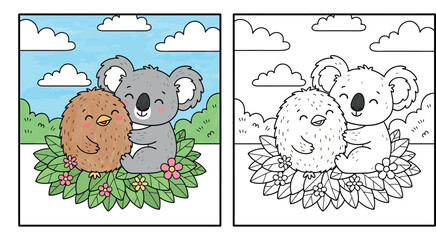 Cute Koala Hugging Baby Bird Cartoon Illustration with Leaves, Flowers, Clouds and Nature Background © MstSangita