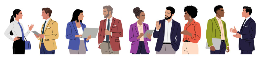 Fototapeta premium Vector set of diverse professionals in business attire holding devices and documents while collaborating and communicating in workplace setting