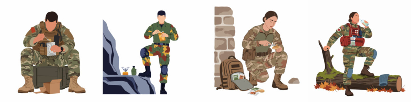 Illustrations of male and female soldiers in camouflage uniforms eating field rations and drinking during breaks in various outdoor environments.