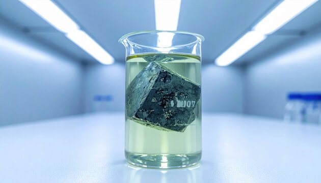 A metallic sodium cube submerged in mineral oil within a laboratory beaker
