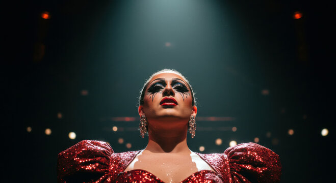 Portrait of a drag queen performer with glitter makeup and red sequin dress under a spotlight on stage.