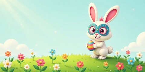 Fototapeta premium Delightful Easter Bunny in Festive Mask Holds Decorated Egg Amidst Spring Blossoms
