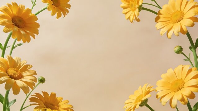 Bright yellow daisy flowers and buds with green stems on beige background.