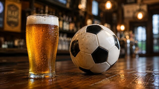 Glass of cold beer sitting next to leather soccer ball.