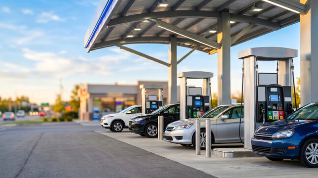 Vehicles are parked at pumps in a gas station located by a highway. The setting is a busy time in the late afternoon with a clear sky. Customers fill their tanks and prepare to continue travel