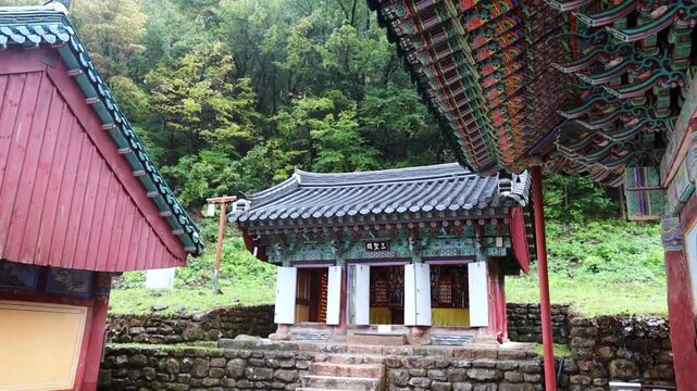Sinheungsa Temple exterior details on rainy day, Sokcho, South Korea