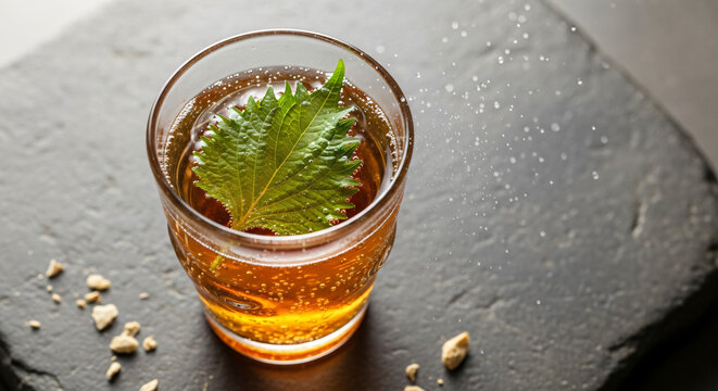 Umeshu Soda, Sparkling Drink, umeshu soda sparkling drink with shiso leaf, light fresh floral, Wabi-sabi, Flatlay view
