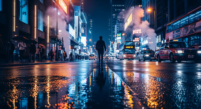 Lone Person Walking on Rainy City Street at Night with Neon Lights and Reflections - Cinematic Urban Scene