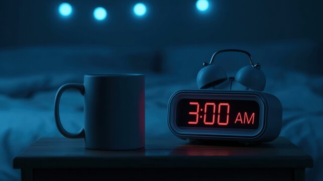 Dark bedroom scene with digital alarm clock displaying 3 AM and coffee cup on wooden bedside table under soft blue night lighting