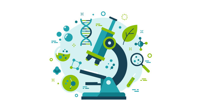Modern Flat Design Science and Biotechnology Research Illustration with Microscope, DNA Helix, and Laboratory Equipment