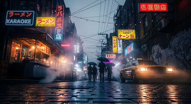 Cinematic Rainy Night in Tokyo Street with Neon Signs, Ramen Stalls, and People under Umbrellas on Wet Cobblestones