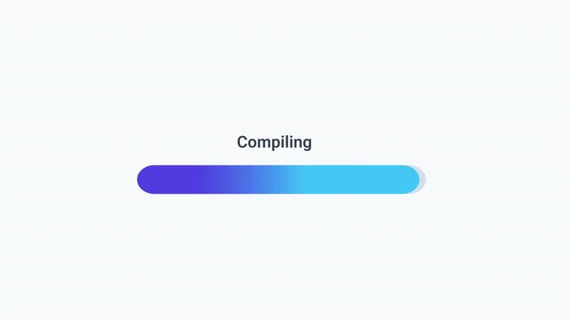Animated compiling progress bar with gradient loading indicator and status text. Clean flat motion graphic for software compilation, code building, development workflows, programming processes, and te