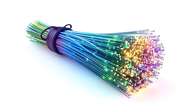 Bundle of colorful fiber optic cables tied together on white background.