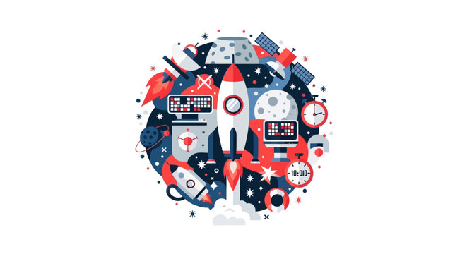 Space Exploration and Rocket Launch Concept Illustration - Flat Vector Design with Planets, Satellites, and Control Systems in a Circular Emblem