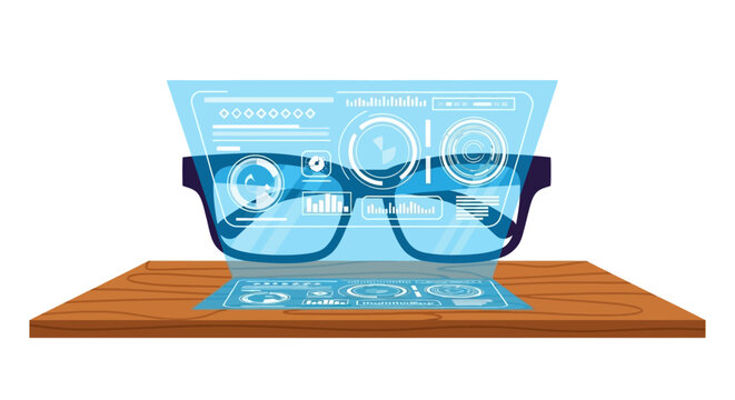 Augmented Reality Smart Glasses with Holographic HUD Interface Vector Illustration on Wooden Surface