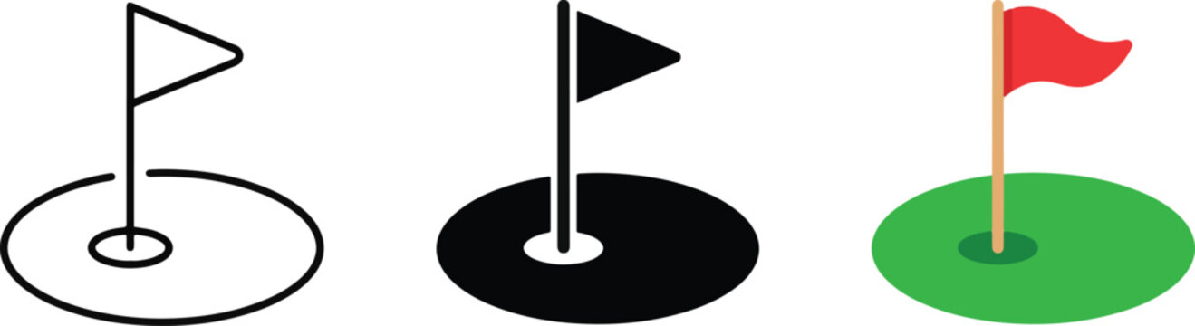 Mini golf flags set with different colored pennants on green tee circles